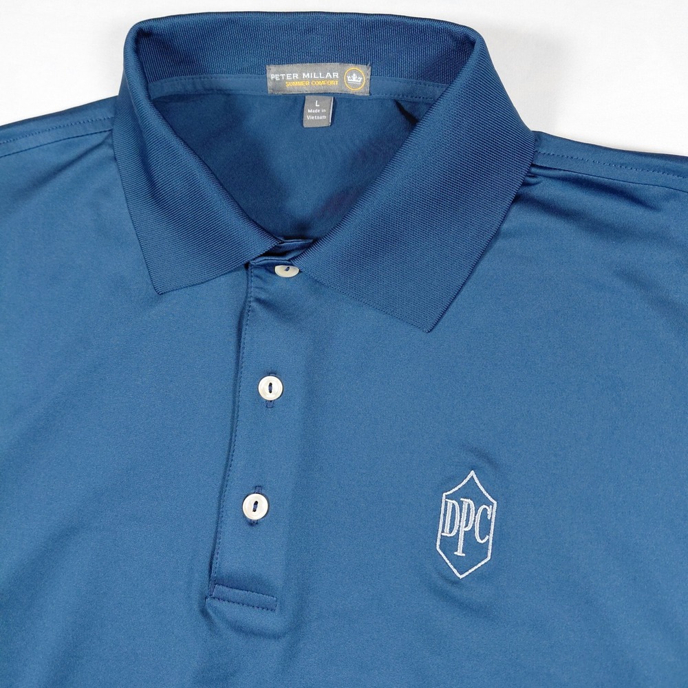 Peter Millar Summer‎ Comfort Mens Blue Polo Shirt Large Caiman Energy DPC Logo